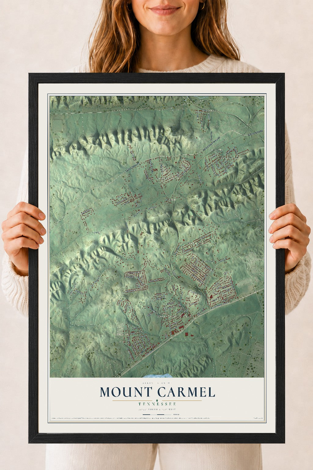 Map of Mount Carmel, Tennessee, 18 x 24 inch print in a black wood frame