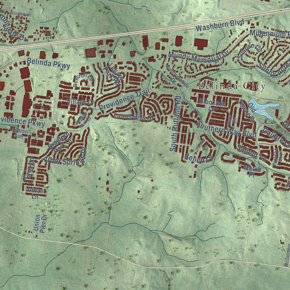 Close-up of the map of Mount Juliet, Tennessee print showing street and building detail