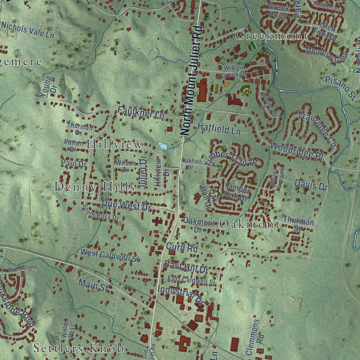 Second close-up of the map of Mount Juliet, Tennessee print showing more streets and buildings