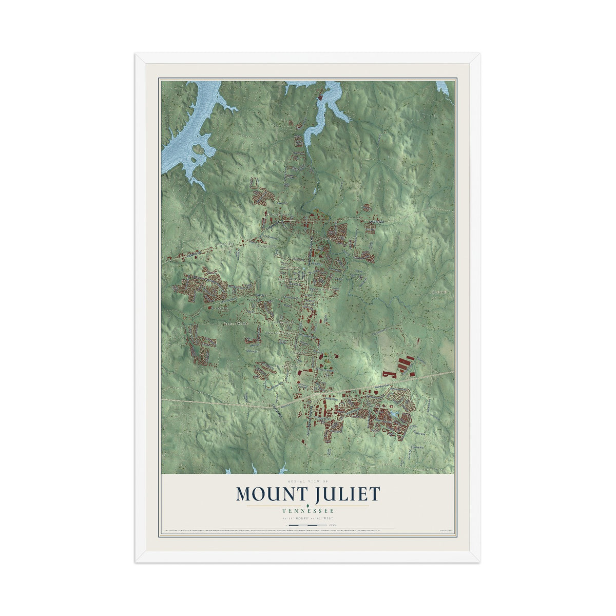 Map of Mount Juliet, Tennessee, 12 x 18 inch print in a white wood frame
