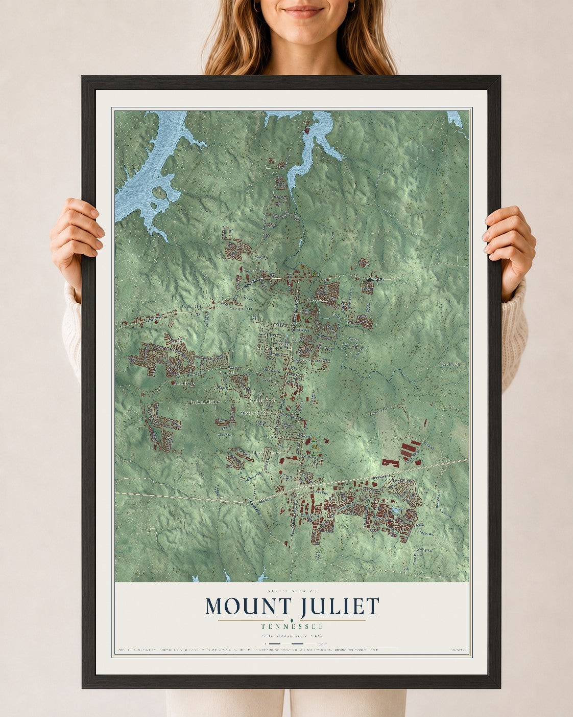Map of Mount Juliet, Tennessee, 24 x 36 inch print in a black wood frame