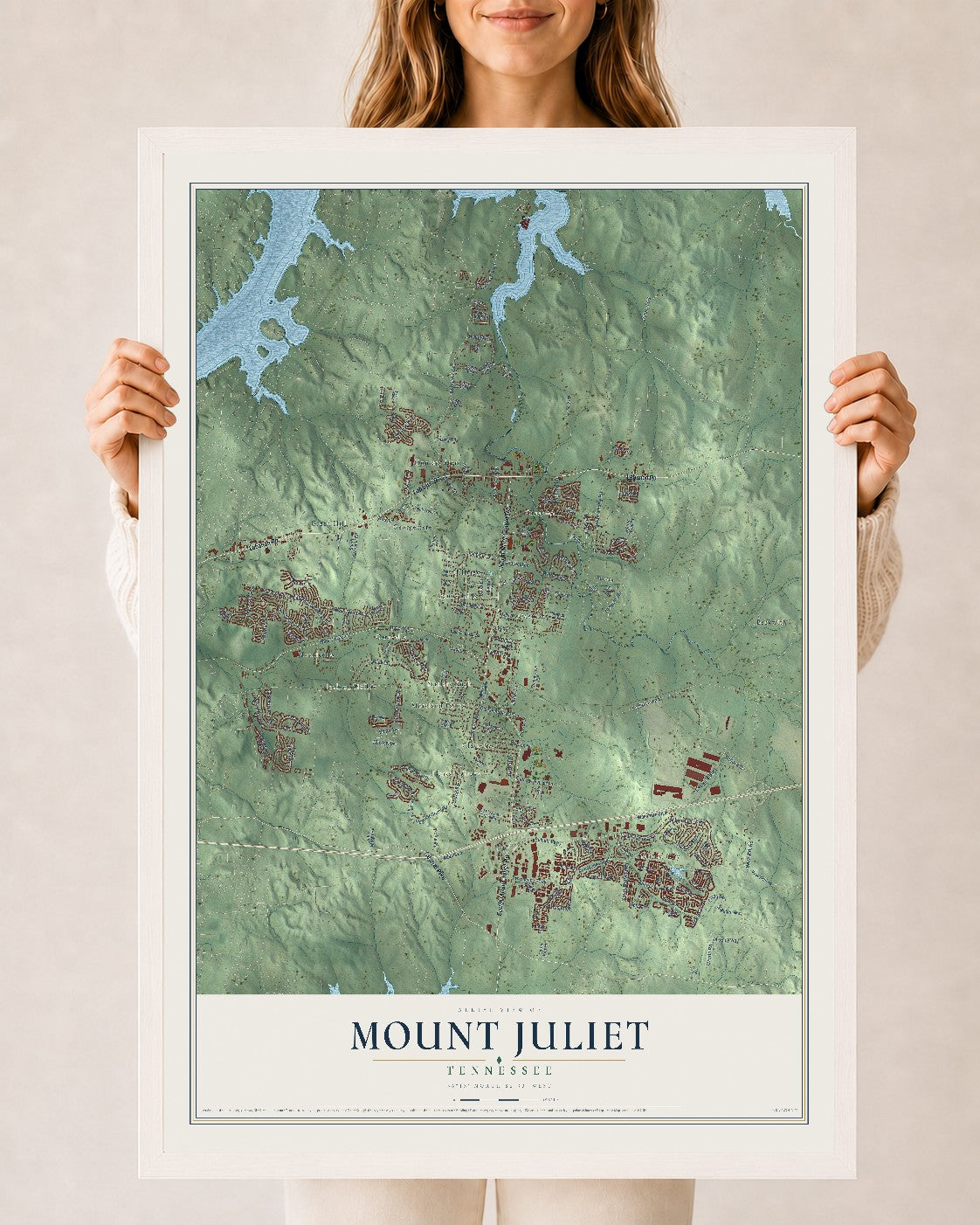 Map of Mount Juliet, Tennessee, 24 x 36 inch print in a white wood frame