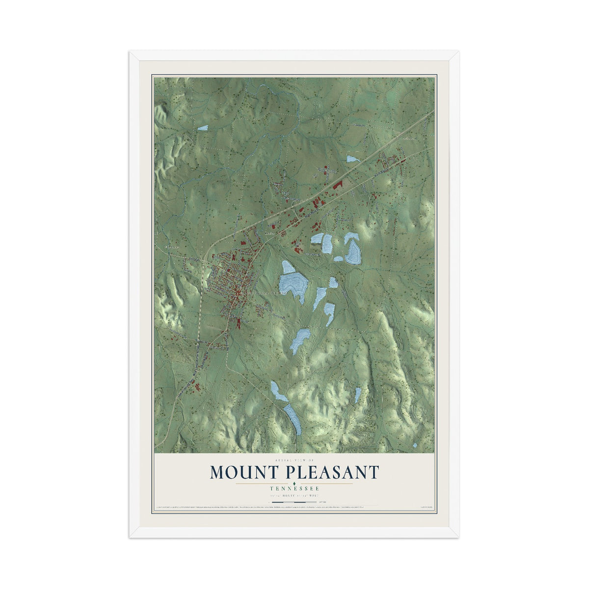 Map of Mount Pleasant, Tennessee, 12 x 18 inch print in a white wood frame