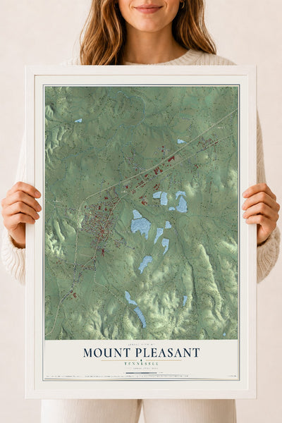 Map of Mount Pleasant, Tennessee, 18 x 24 inch print in a white wood frame