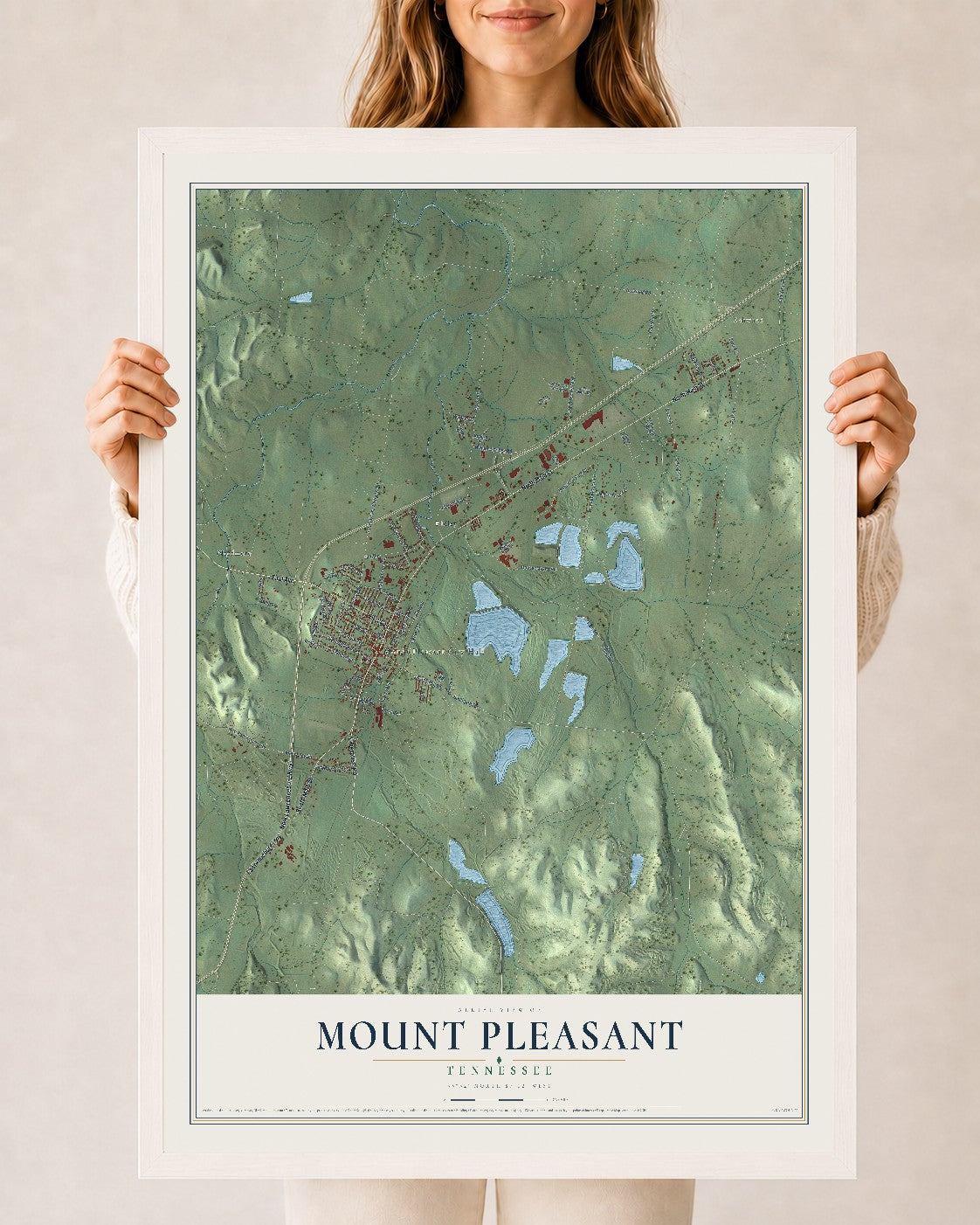 Map of Mount Pleasant, Tennessee, 24 x 36 inch print in a white wood frame