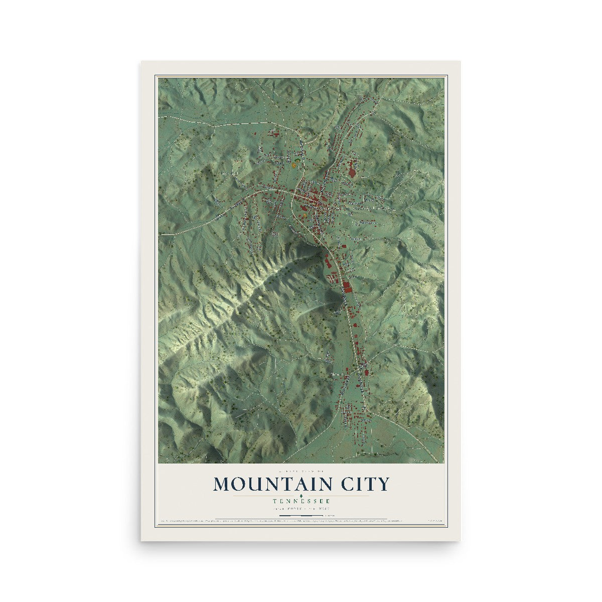 Map of Mountain City, Tennessee, 12 x 18 inch unframed archival matte print