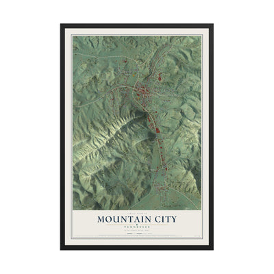 Map of Mountain City, Tennessee, 12 x 18 inch print in a black wood frame