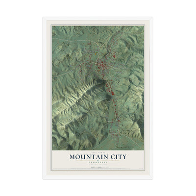 Map of Mountain City, Tennessee, 12 x 18 inch print in a white wood frame