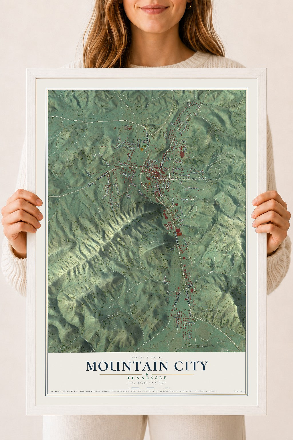 Map of Mountain City, Tennessee, 18 x 24 inch print in a white wood frame