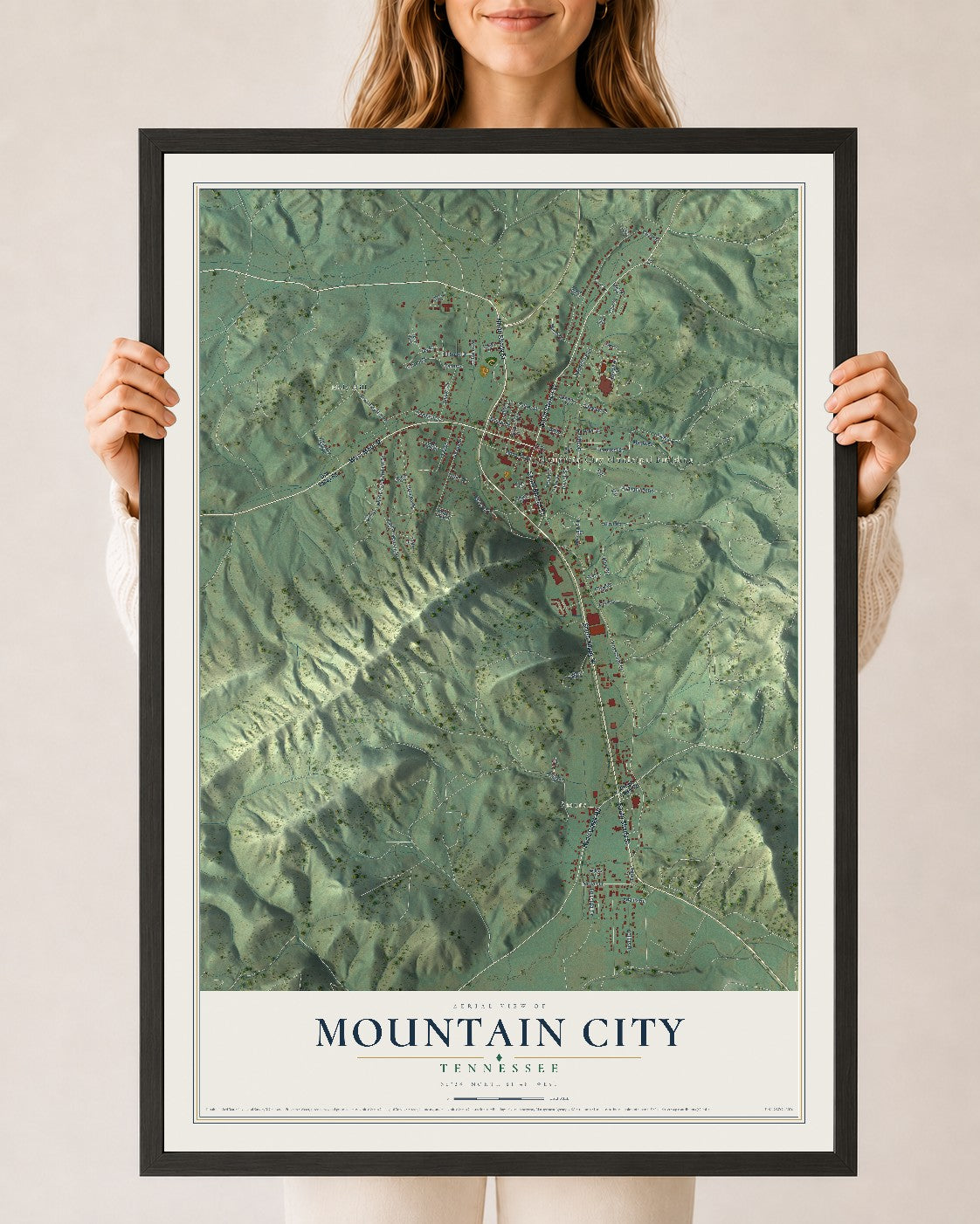 Map of Mountain City, Tennessee, 24 x 36 inch print in a black wood frame