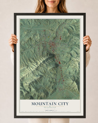 Map of Mountain City, Tennessee, 24 x 36 inch print in a black wood frame