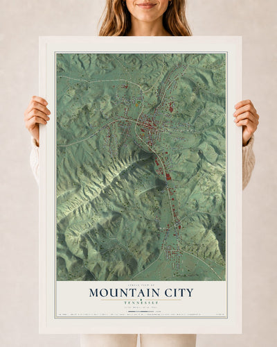 Map of Mountain City, Tennessee, 24 x 36 inch print in a white wood frame