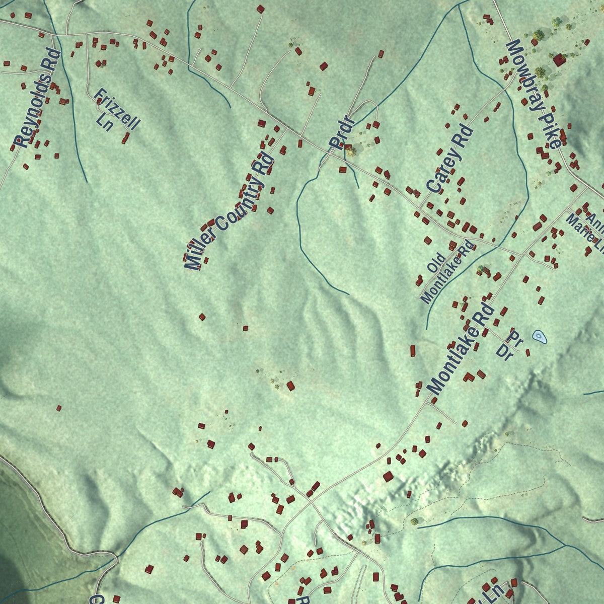 Close-up of the map of Mowbray Mountain, Tennessee print showing street and building detail