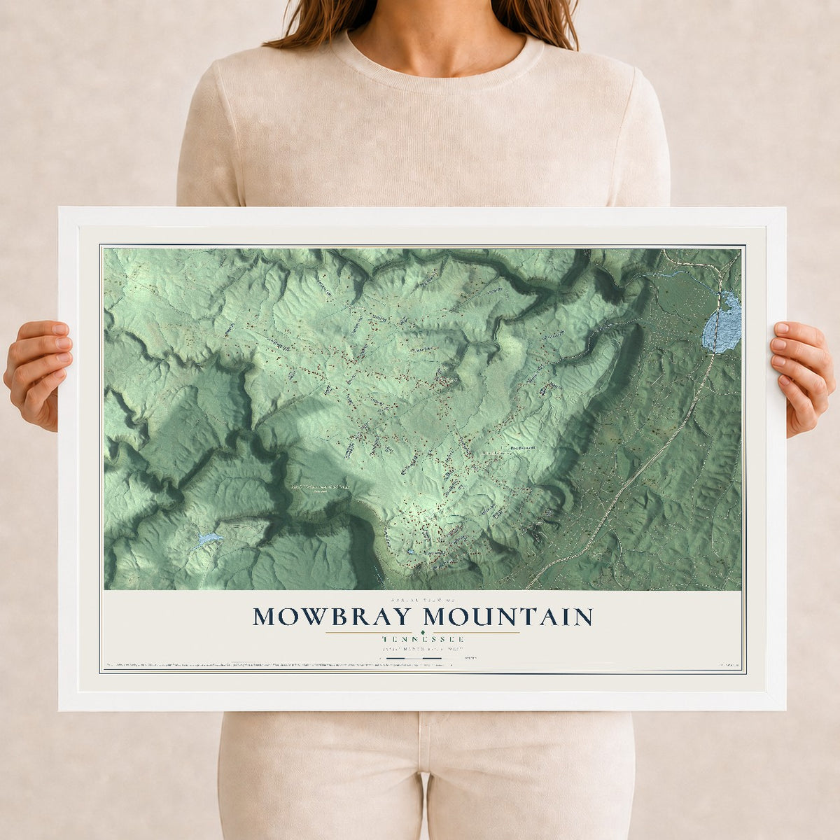 Map of Mowbray Mountain, Tennessee, 12 x 18 inch print in a white wood frame