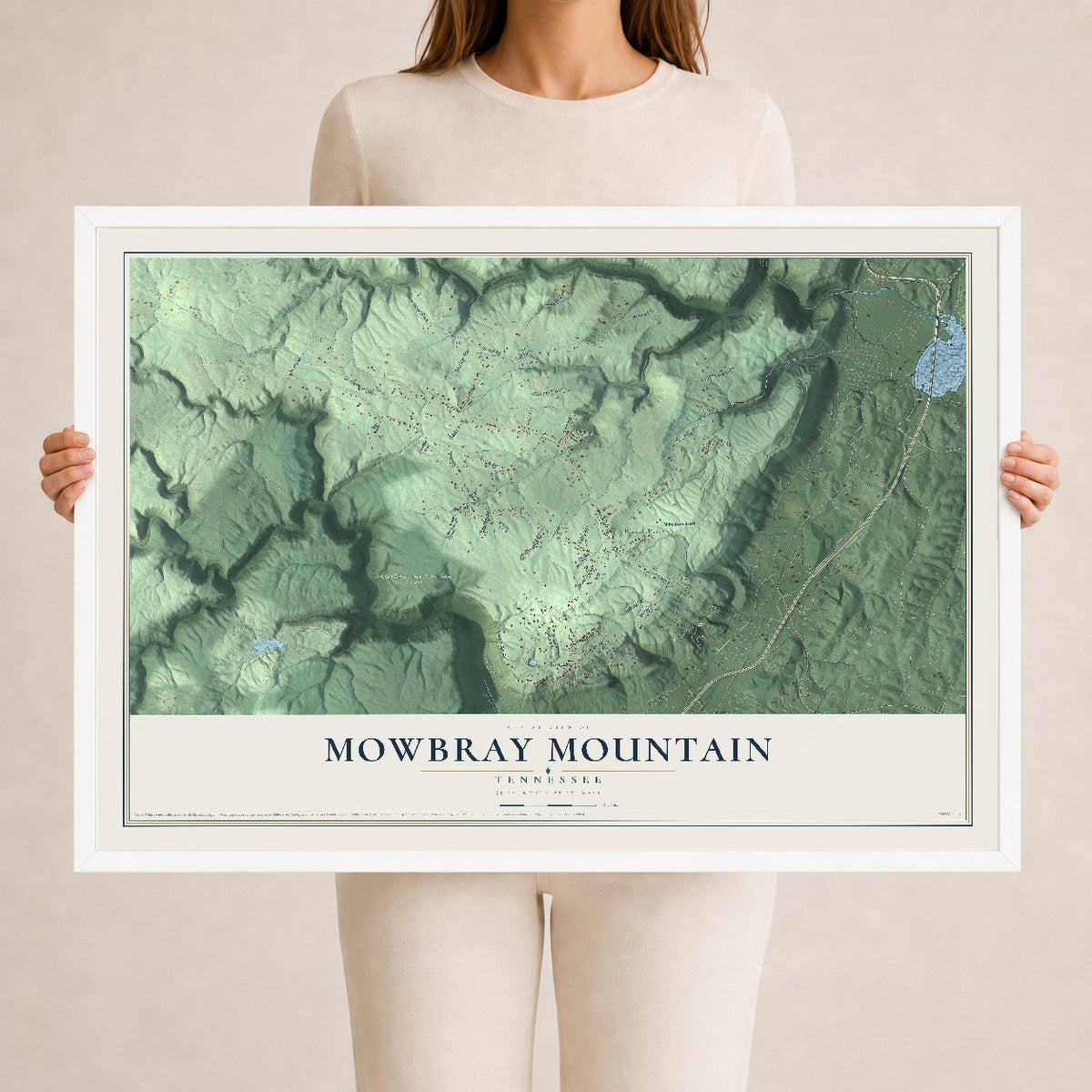Map of Mowbray Mountain, Tennessee, 24 x 36 inch print in a white wood frame