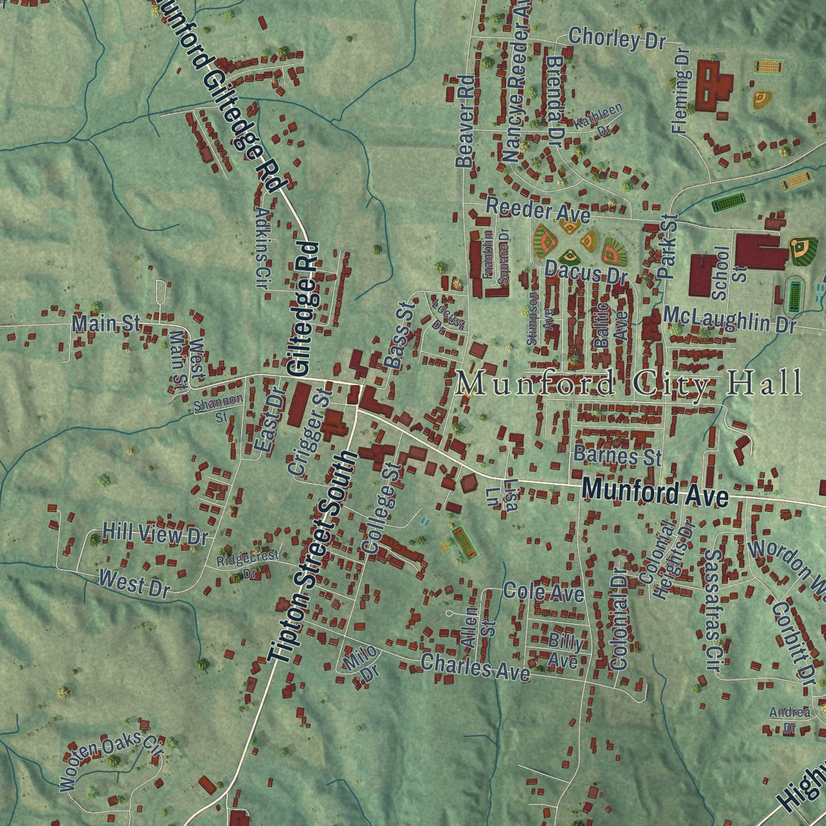 Close-up of the map of Munford, Tennessee print showing street and building detail