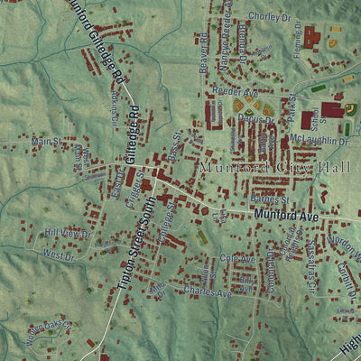 Close-up of the map of Munford, Tennessee print showing street and building detail