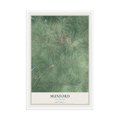 Map of Munford, Tennessee, 12 x 18 inch print in a white wood frame