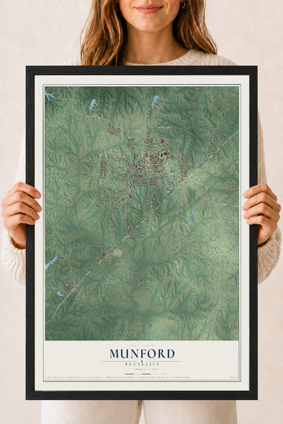 Map of Munford, Tennessee, 18 x 24 inch print in a black wood frame