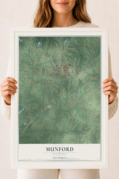 Map of Munford, Tennessee, 18 x 24 inch print in a white wood frame