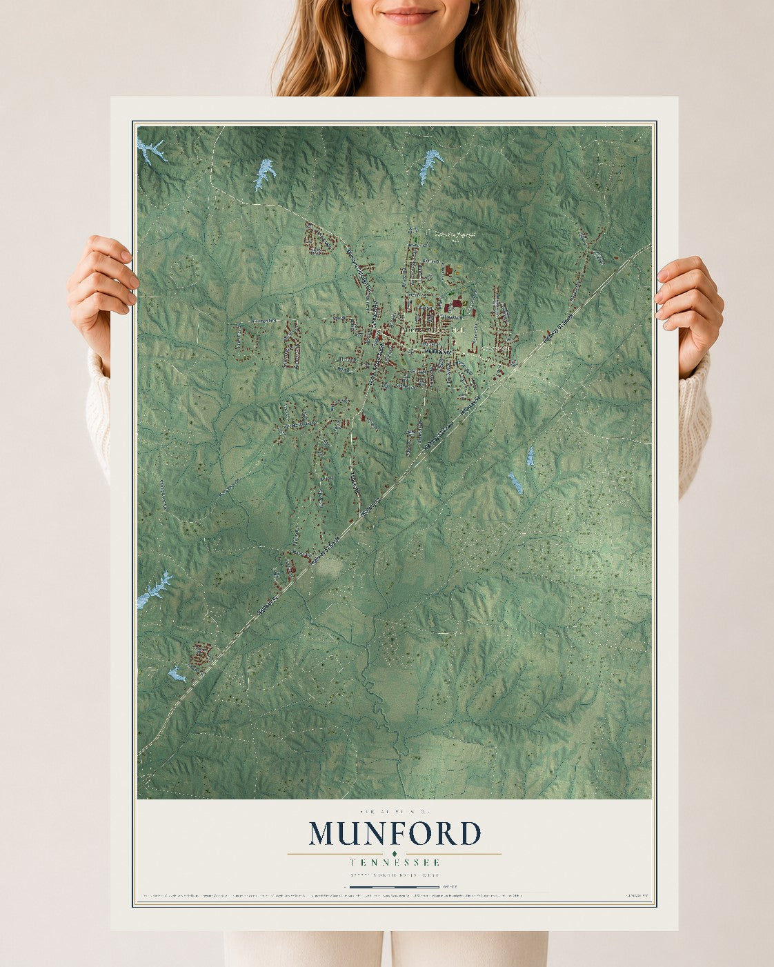 Map of Munford, Tennessee, 24 x 36 inch unframed archival matte print