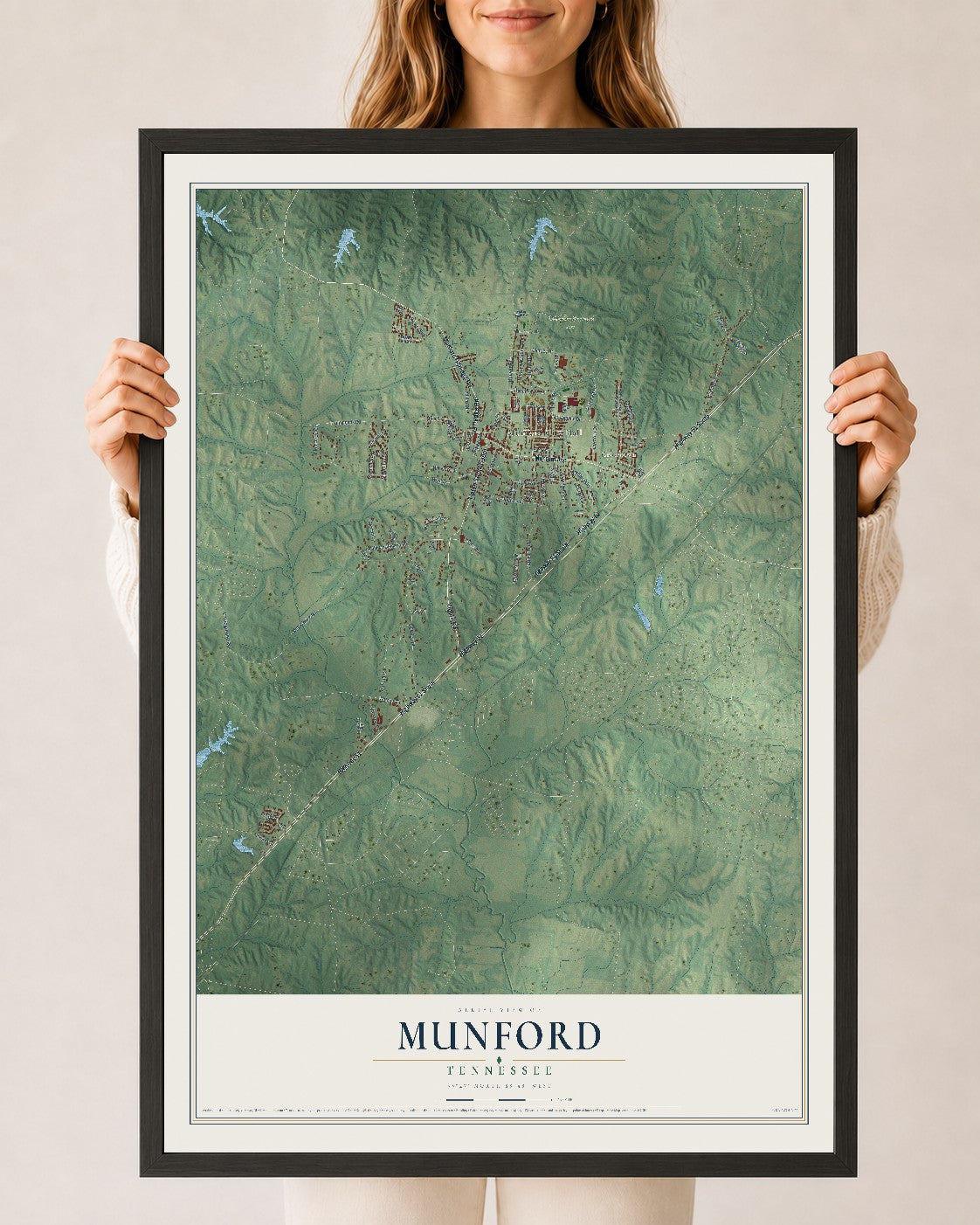 Map of Munford, Tennessee, 24 x 36 inch print in a black wood frame