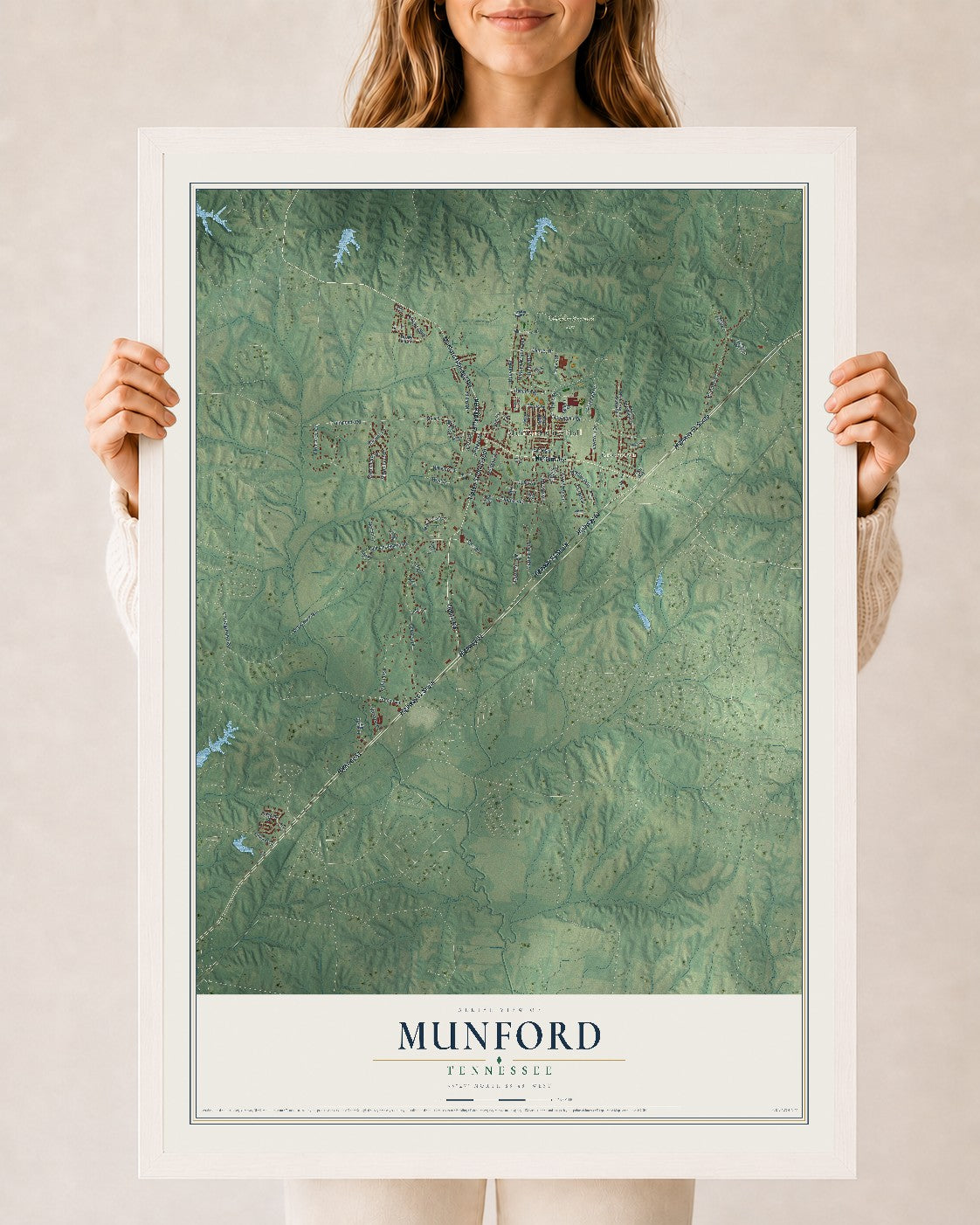 Map of Munford, Tennessee, 24 x 36 inch print in a white wood frame