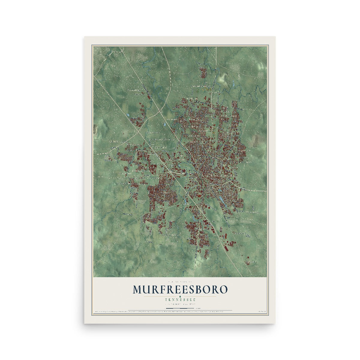 Map of Murfreesboro, Tennessee, 12 x 18 inch unframed archival matte print