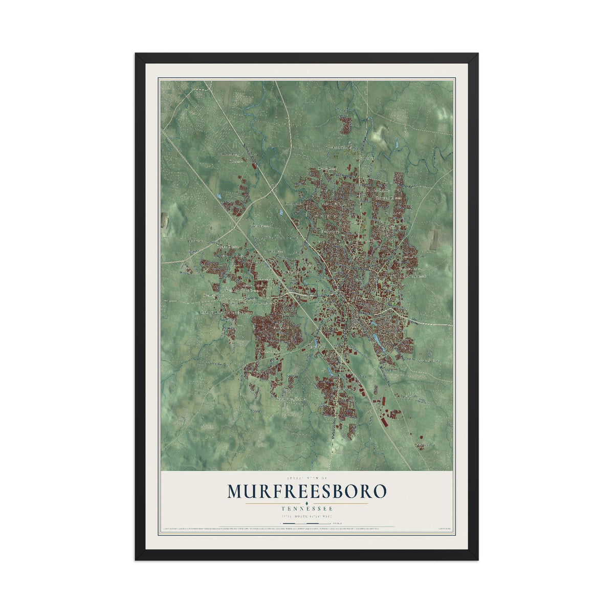 Map of Murfreesboro, Tennessee, 12 x 18 inch print in a black wood frame