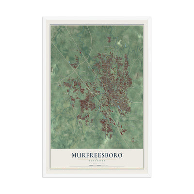 Map of Murfreesboro, Tennessee, 12 x 18 inch print in a white wood frame