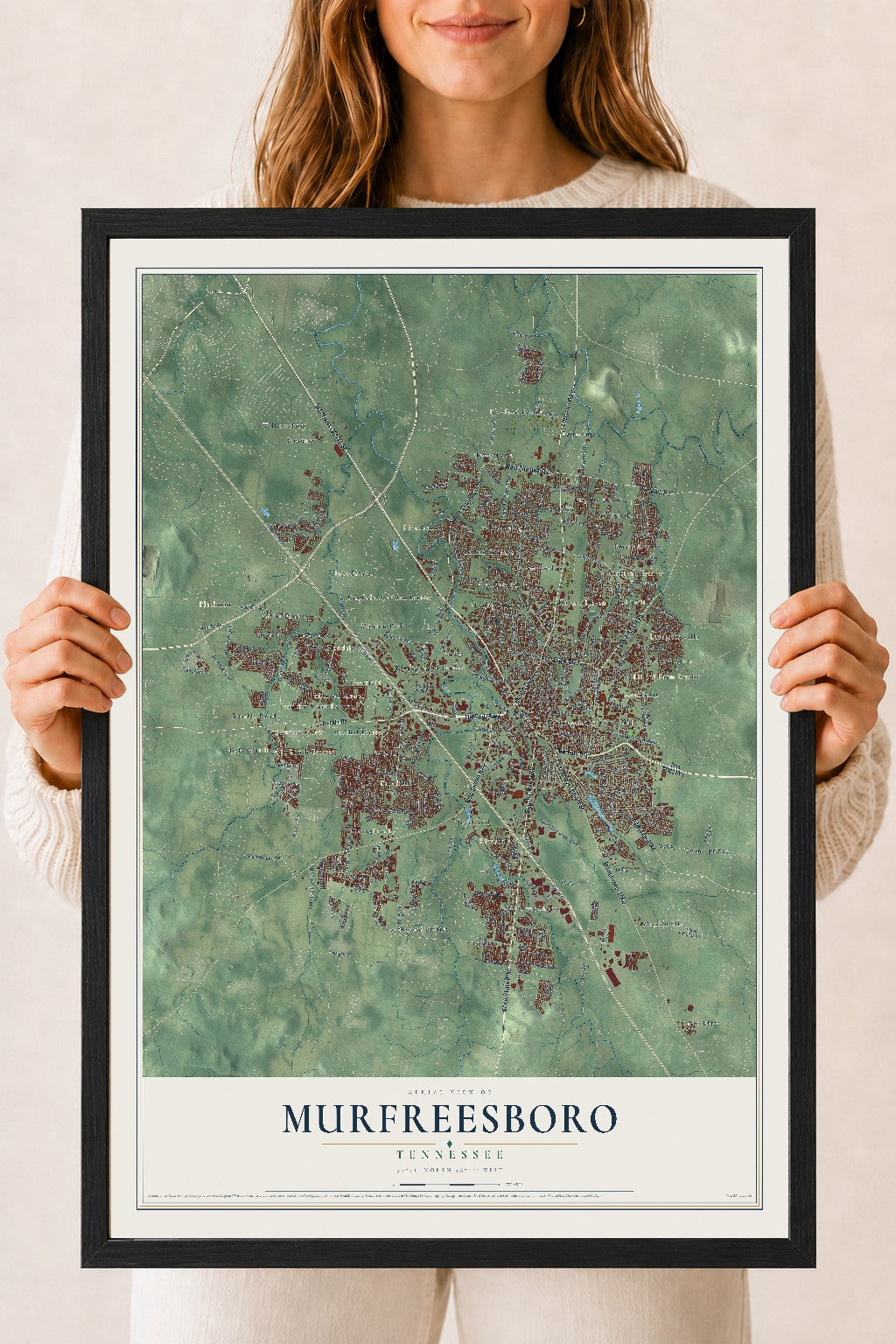 Map of Murfreesboro, Tennessee, 18 x 24 inch print in a black wood frame