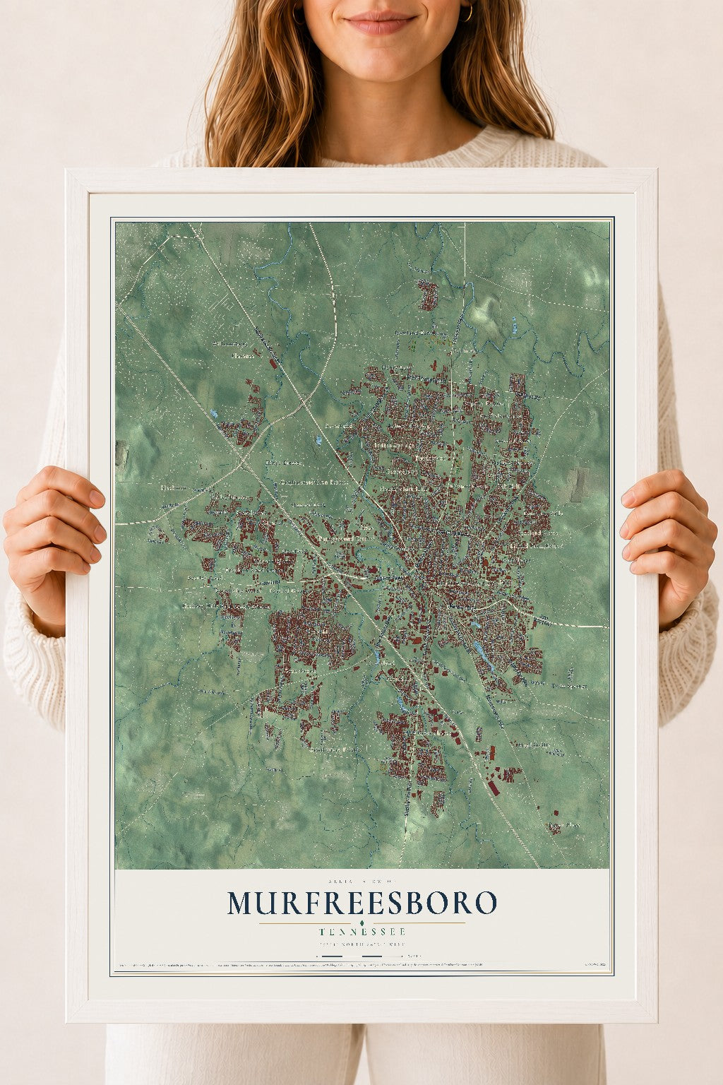 Map of Murfreesboro, Tennessee, 18 x 24 inch print in a white wood frame