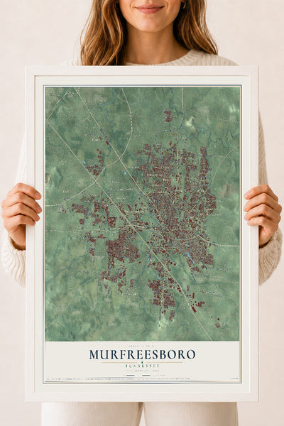 Map of Murfreesboro, Tennessee, 18 x 24 inch print in a white wood frame