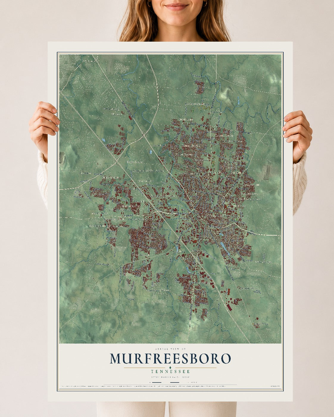 Map of Murfreesboro, Tennessee, 24 x 36 inch unframed archival matte print