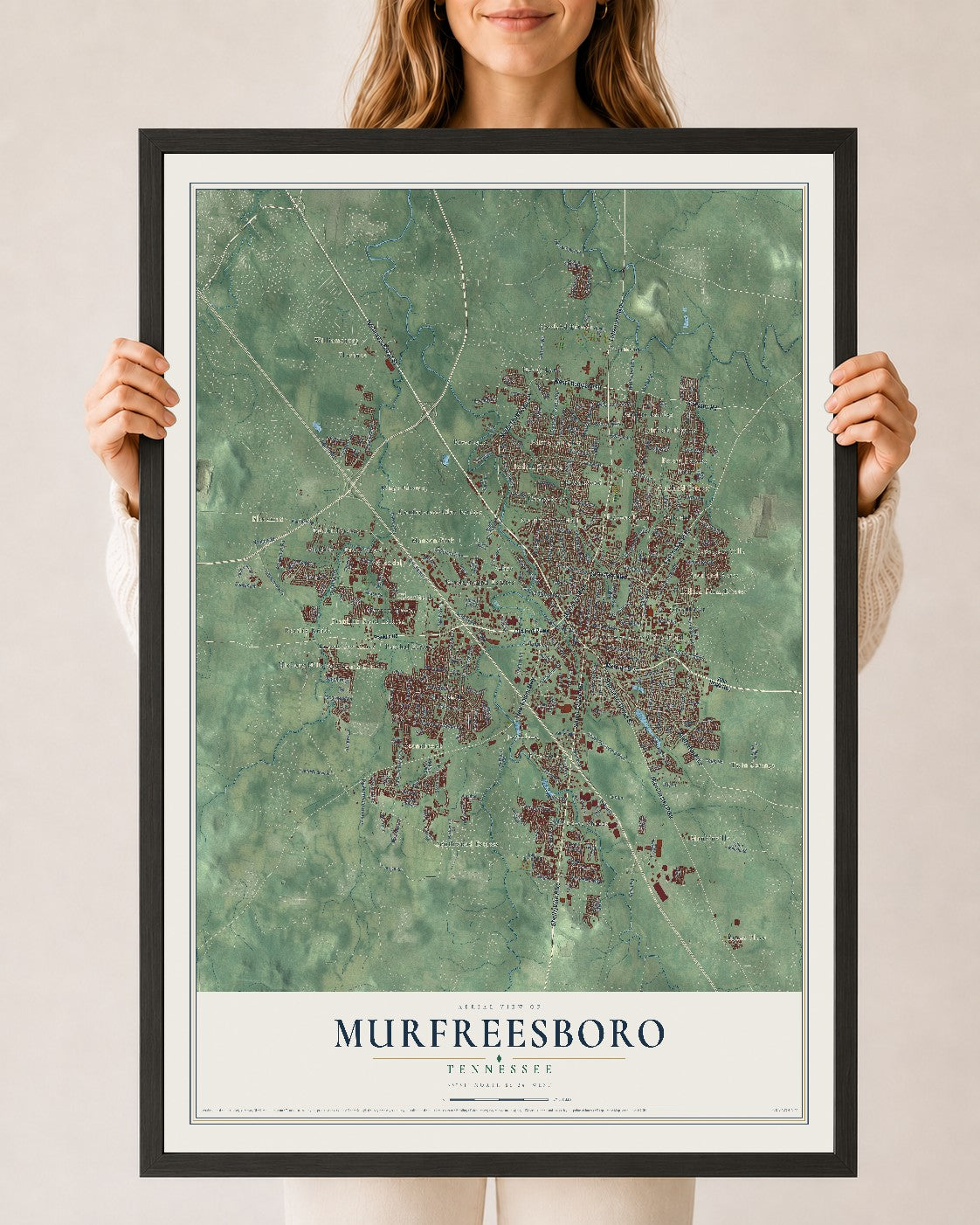Map of Murfreesboro, Tennessee, 24 x 36 inch print in a black wood frame