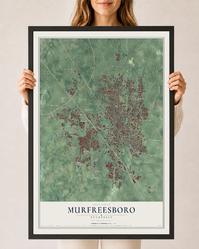 Map of Murfreesboro, Tennessee, 24 x 36 inch print in a black wood frame