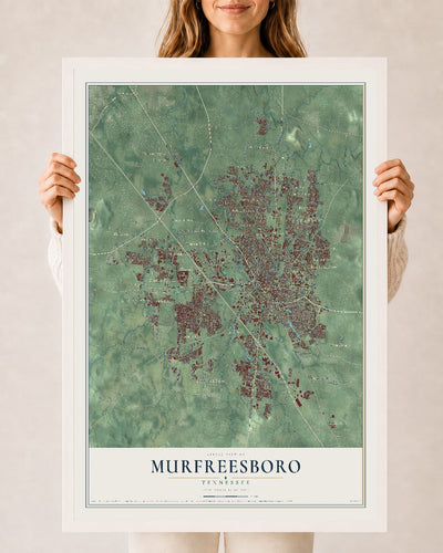 Map of Murfreesboro, Tennessee, 24 x 36 inch print in a white wood frame
