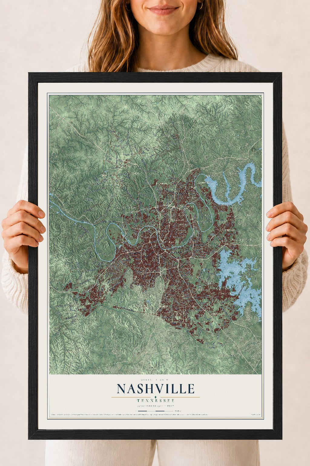 Map of Nashville, Tennessee, 18 x 24 inch print in a black wood frame