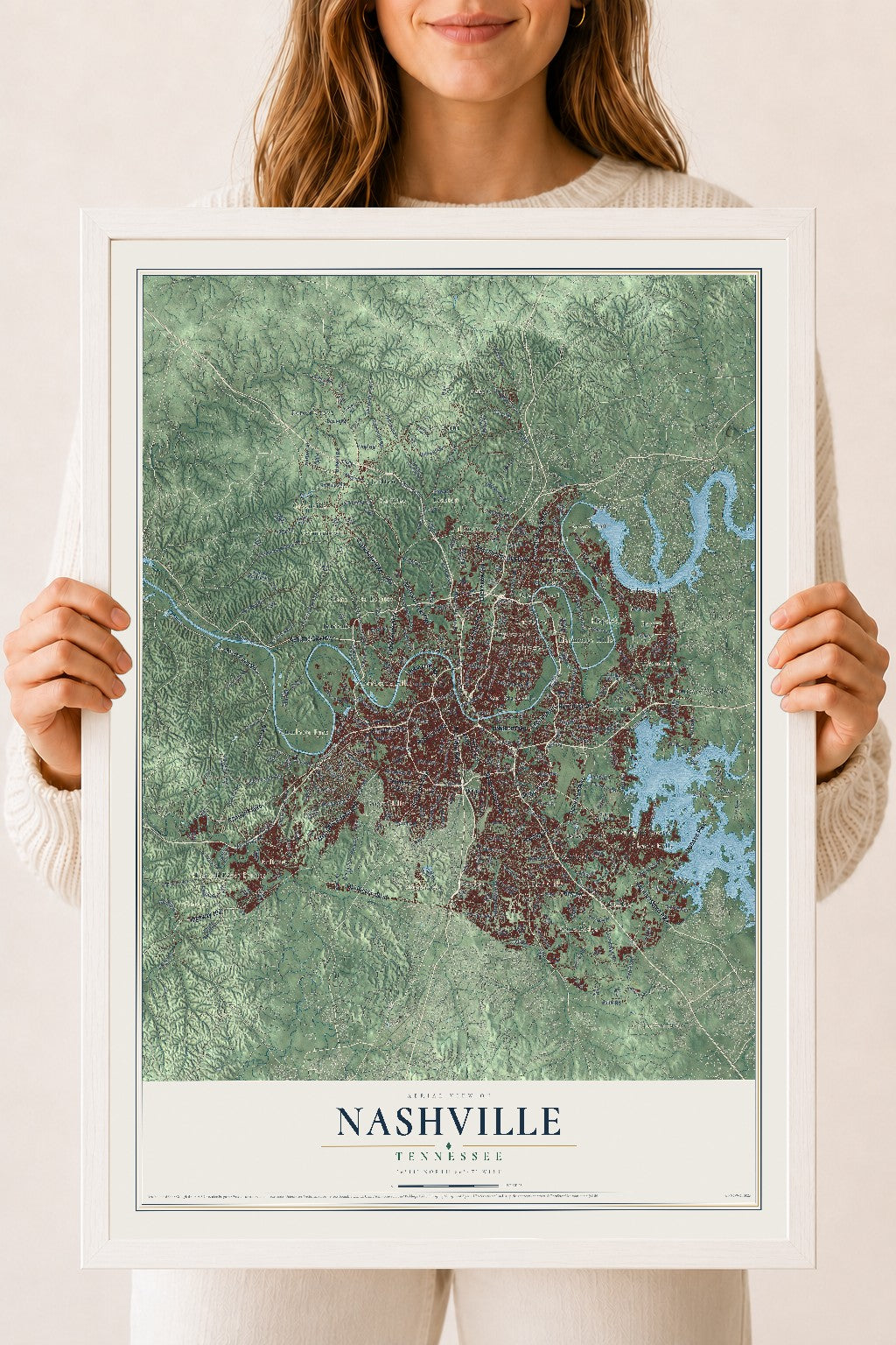 Map of Nashville, Tennessee, 18 x 24 inch print in a white wood frame