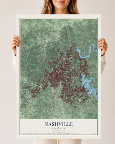 Map of Nashville, Tennessee, 24 x 36 inch unframed archival matte print