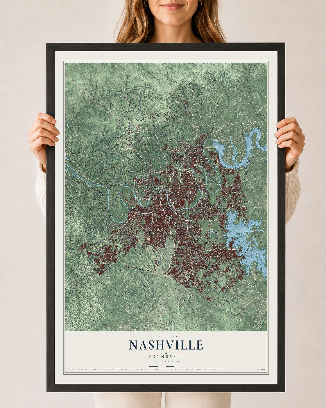Map of Nashville, Tennessee, 24 x 36 inch print in a black wood frame