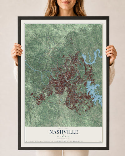 Map of Nashville, Tennessee, 24 x 36 inch print in a black wood frame