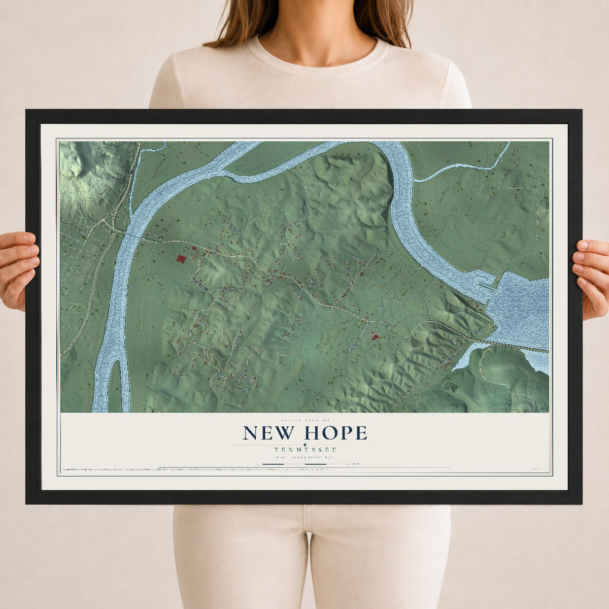Map of New Hope, Tennessee, 18 x 24 inch print in a black wood frame