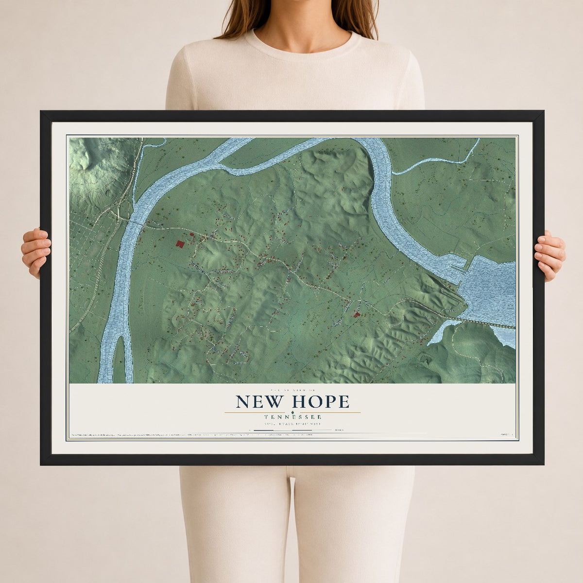 Map of New Hope, Tennessee, 24 x 36 inch print in a black wood frame