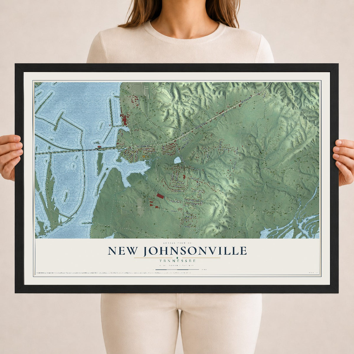 Map of New Johnsonville, Tennessee, 18 x 24 inch print in a black wood frame