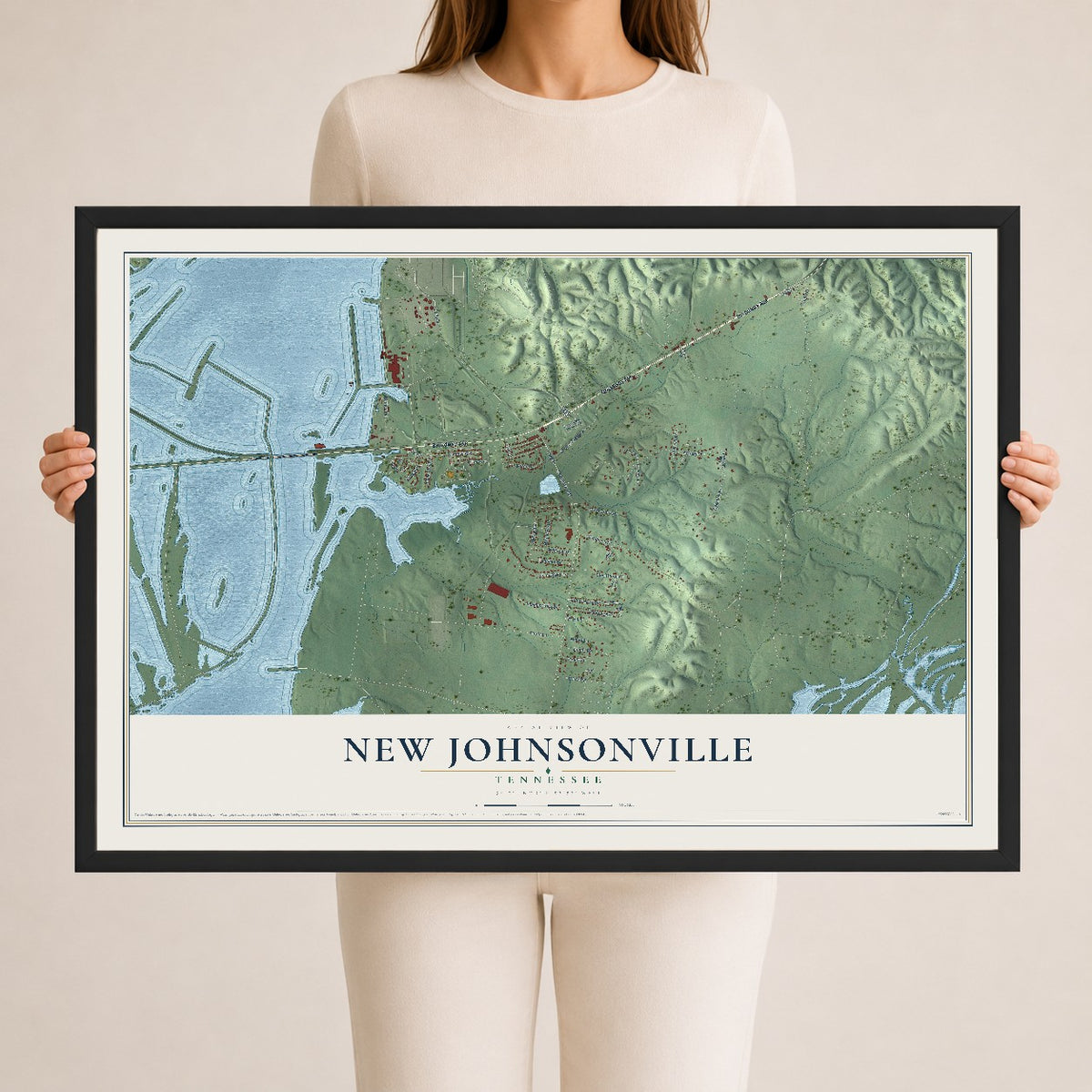 Map of New Johnsonville, Tennessee, 24 x 36 inch print in a black wood frame
