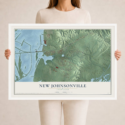 Map of New Johnsonville, Tennessee, 24 x 36 inch print in a white wood frame