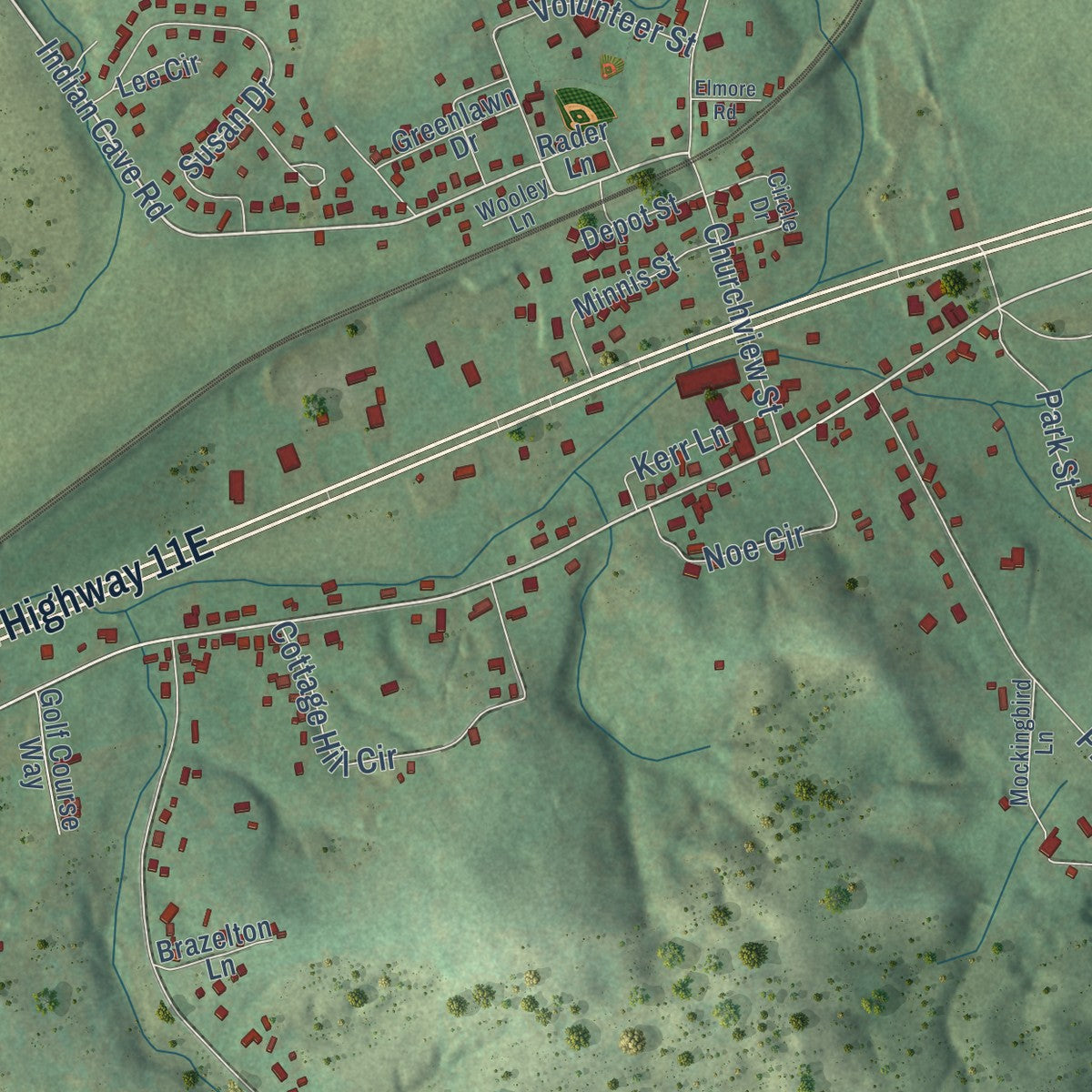 Second close-up of the map of New Market, Tennessee print showing more streets and buildings