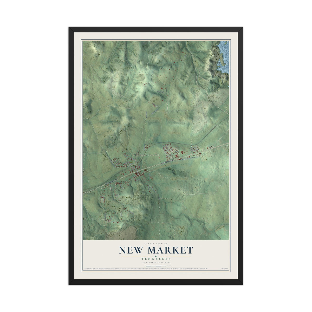 Map of New Market, Tennessee, 12 x 18 inch print in a black wood frame