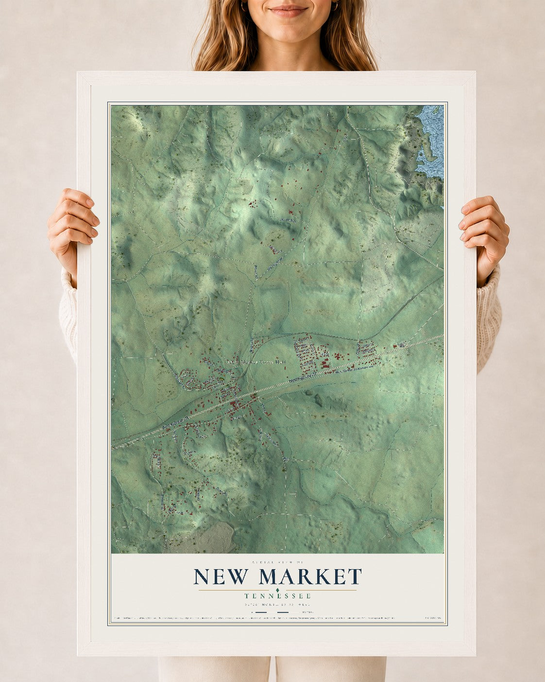 Map of New Market, Tennessee, 24 x 36 inch print in a white wood frame